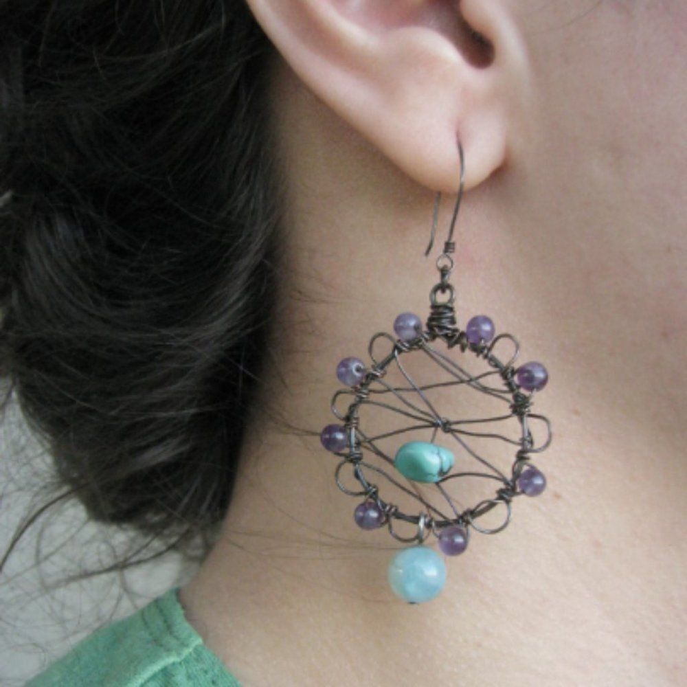 Handmade Boho Dream Catcher Earrings Amethyst Turquoise Amazonite - Picture 2 of 7